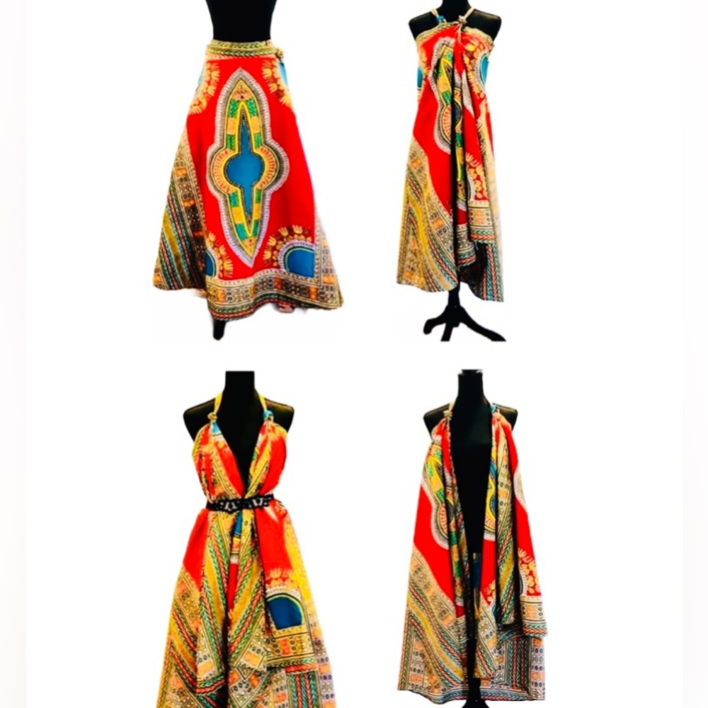 NWOT 4-Looks African Dashiki Print Wrap Maxi Skirt, Dress, Shawl
